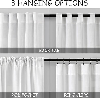 Nanspring White Linen Back Tab Rod Pocket Curtains for Small Short Windows 2 Panels Set Privacy Semi Sheer Linen Drapes Neutral Modern Farmhouse Window Curtain Rustic Curtain 52x50