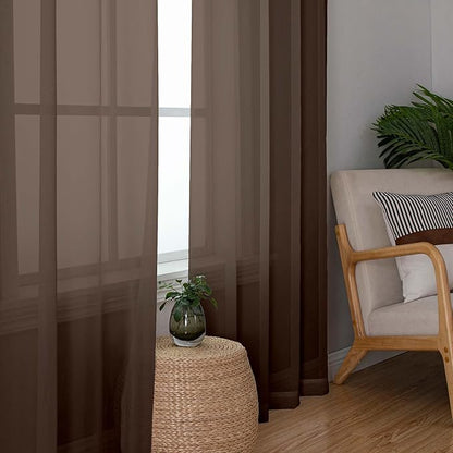 OWENIE Sheer Curtains 63 inch Length 2 Panels Set, Rod Pocket Voile Fimly Sheer Drapes for Living Room/Bedroom, 2pcs, Each 42" W x 63" L, Chocolate