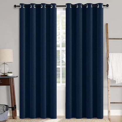 MIULEE 100% Blackout Linen Textured Curtains for Bedroom Solid Thermal Insulated Midnight Blue Grommet Room Darkening Curtains & Drapes Luxury Decor for Living Room Nursery 52 x 96 Inch (2 Panels)