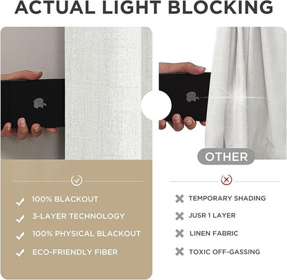 Joydeco Linen Blackout Curtains for Bedroom - 100% Light Blocking 1 Panels, White Drapes 100" W x 90" L, Thermal Insulated Room Darkening Curtains for Living Room, Rod Pocket & Back Tabs