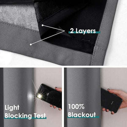 ChrisDowa 100% Blackout Curtains for Bedroom with Black Liner, 2 Thick Layers Total Blackout Thermal Insulated Grommet Window Curtains 2 Panels Set (Grey, 52 x 63 Inch)