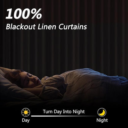 Guken 100% Blackout Linen Curtains 132 Inch Length 2 Panels Set for Living Room Bedroom Back Tab Thermal Insulated Black Out Drapes Room Darkening Farmhouse Style for Bedroom Window Curtains 52x132