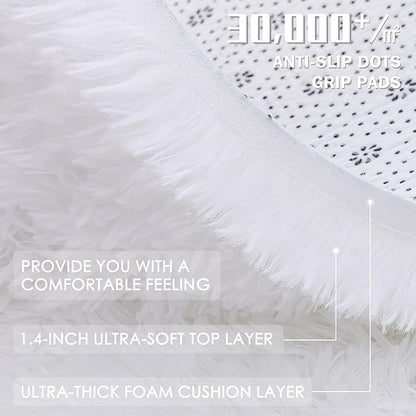 OLANLY White Round Rugs for Bedroom - Machine Washable, 4 ft Circle Area Rugs for Living Room, Soft and Fluffy Shaggy Carpet for Teen Girls and Boys, Nursery Rooms, Dorms, Home Decor Aesthetic