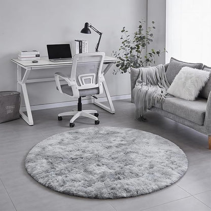 Amdrebio Tie-Dyed Light Grey Round Area Rugs for Living Room, 6x6 Ft, Soft Large Circle Rugs for Bedroom, Big Shag Fluffy Fuzzy Carpet for Kids Room, Modern Floor Circular Rug, Furry Farmhouse Rug