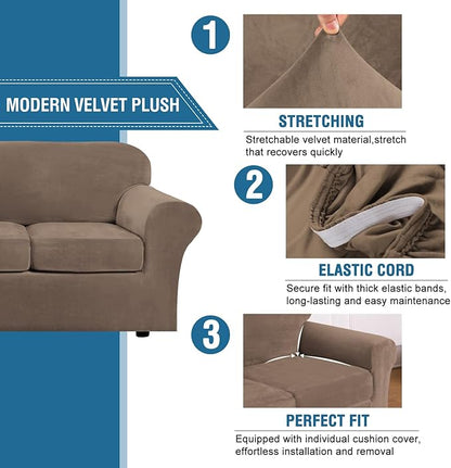 H.VERSAILTEX Rich Velvet Stretch 2 Piece Cover Chair Slipcover Sofa Cover Furniture Protector Couch Soft with Elastic Bottom Chair Couch Cover Width Up to 49 Inch (Chair, Mocha)
