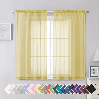 Aiyufeng Yellow Sheer Curtains 54 Inch Length 2 Panels Set, Light Filtering Airy Rod Pocket Yellow Window Curtain Treatment Drapes for Kitchen Bedroom Living, Each 42Wx54L Inches