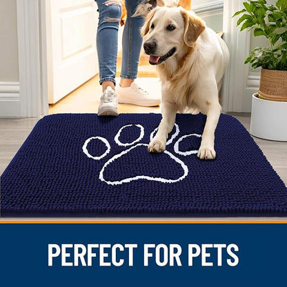 OLANLY Dog Door Mat for Muddy Paws 36x24, Paw Print Design, Absorbs Moisture and Dirt, Absorbent Non-Slip Washable Doormat, Quick Dry Chenille Mud Mat for Dogs, Entry Indoor Entryway Carpet, Navy Blue
