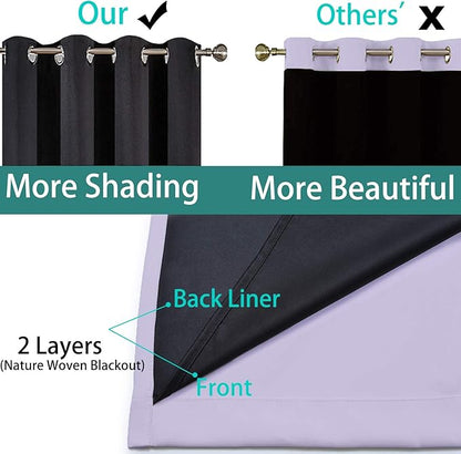 Yakamok 100% Blackout Curtains Energy Saving Thermal Insulated 2 Thick Layers Completely Blackout Drapes with Black Liner for Bedroom (52Wx108L,Lilac, Set of 2)