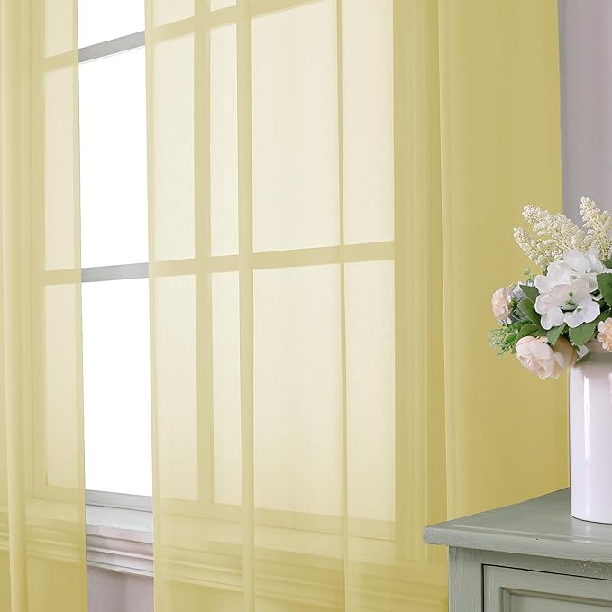 Aiyufeng Yellow Sheer Curtains 54 Inch Length 2 Panels Set, Light Filtering Airy Rod Pocket Yellow Window Curtain Treatment Drapes for Kitchen Bedroom Living, Each 42Wx54L Inches
