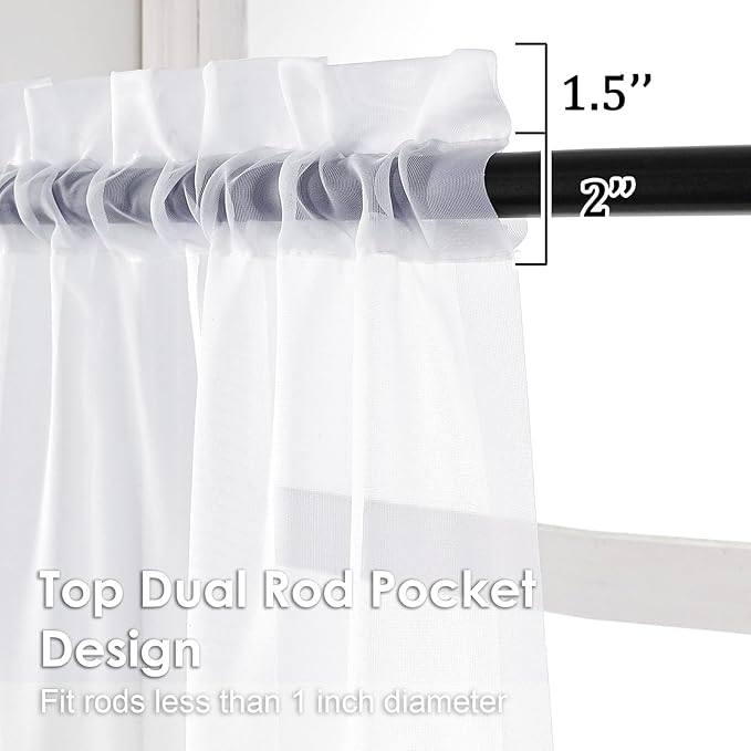 OVZME White Sheer Curtains 45 Inch Long 2 Panels, Rod Pocket Voile Drapes for Small Windows, Each 42 by 45 Inches.