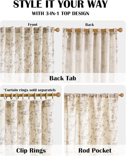 Lazzzy Grey Floral Linen Curtains 90 Inch Farmhouse Back Tab Drapes for Living Room Bedroom Light Filtering Vintage Grandmillennial Rod Pocket Curtains, 2 Panels, W38 x L90, Grey on Beige