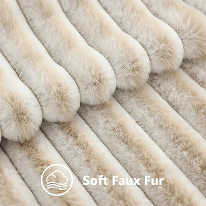 decorUhome Summer Cozy Faux Fur Throw Pillow Covers 16x16 Set of 2 Decorative Soft Plush Striped Modern Farmhouse Boho Couch Pillow Cases with Velvet Back for Sofa Bed Living Room, Beige White