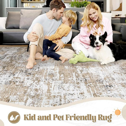 XLUEZ 10x14 Area Rugs for Living Room, Washable Modern Abstract Large Area Rug Neutral Soft Non Slip Kids Rug Stain Resistant Indoor Carpet for Bedroom Dining Room Playroom Home Office(Beige, 10'x14')