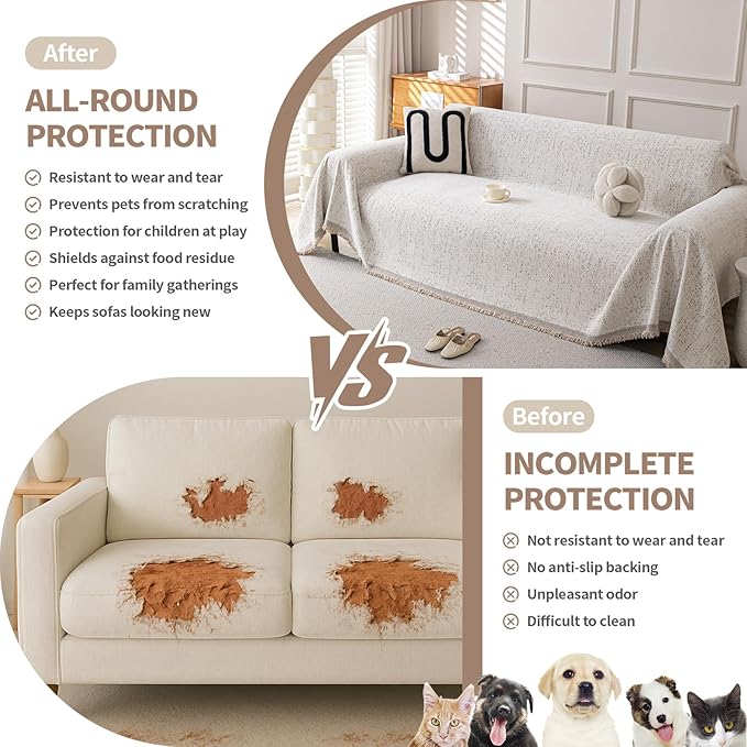 Couch Cover for Dogs, Boho Sofa Covers for 3 Cushion Couch, Chenille Slipcover for Pets Washable, L-Shape Sectional Couch Loveseat Cover Soft Throw Blankets with Tassels(91x150,Speckled Beige)