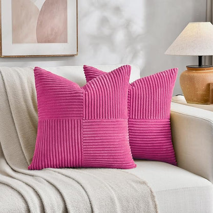 Fancy Homi 2 Packs Hot Pink Decorative Throw Pillow Covers 16x16 Inch for Living Room Couch Bed Sofa, Rustic Farmhouse Boho Home Decor, Soft Corss Patchwork Corduroy Textured Cushion Case 40x40 cm