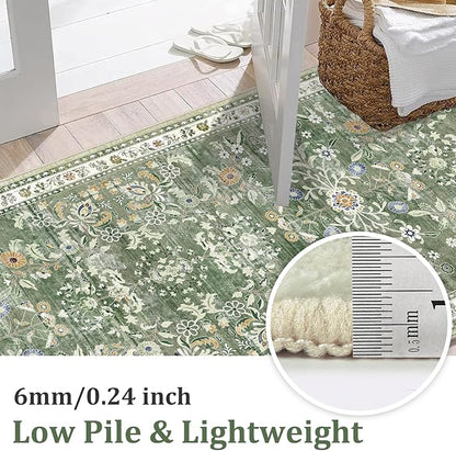 Yamaziot Washable Area Rug 4x6, Non-Slip Boho Floral Living Room Rug with Rubber Backing, Low Pile Distressed Carpet for Bedroom, Living Room, Dining Room, Green