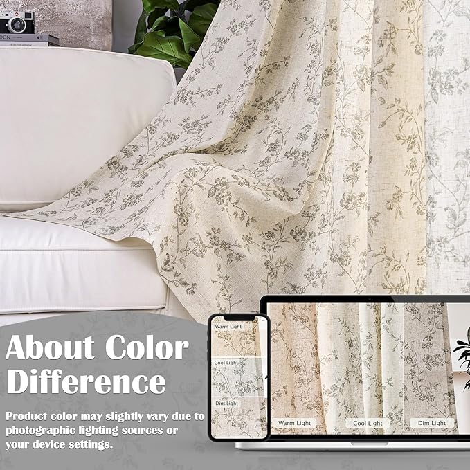 Lazzzy Grey Floral Linen Curtains 90 Inch Farmhouse Back Tab Drapes for Living Room Bedroom Light Filtering Vintage Grandmillennial Rod Pocket Curtains, 2 Panels, W38 x L90, Grey on Beige