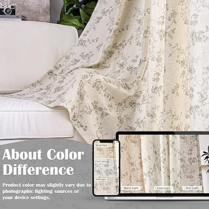 Lazzzy Grey Floral Linen Curtains 90 Inch Farmhouse Back Tab Drapes for Living Room Bedroom Light Filtering Vintage Grandmillennial Rod Pocket Curtains, 2 Panels, W38 x L90, Grey on Beige