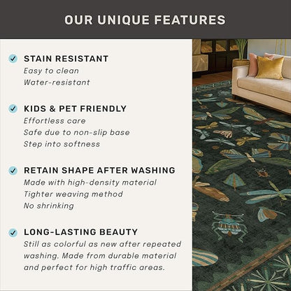 Dark Green 2'6"x12' Long Runner Rugs for Hallway - Boho Wide Washable Non Slip Rug for Indoor Entryway, Kitchen, Low Pile Vintage Whimsical Insect Moth Design, Stain Resistant Ultra Soft Carpet