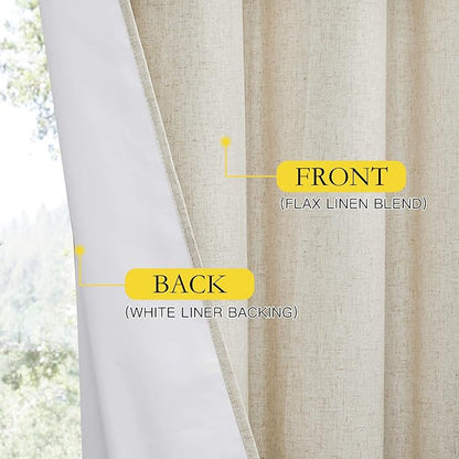NICETOWN Farmhouse Style Keep Warm Large Window Draperies 108 inches Length with Thermal Insulated Liners, 2 Panels, 52" W, Full Blackout Natural Linen Curtains for Sliding Glass Door