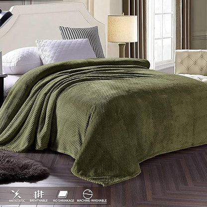Exclusivo Mezcla Fleece Bed Blanket Twin Size, Super Soft and Warm Blankets for Couch, Sofa and Bed Waffle Textured, Cozy, Fuzzy and Lightweight (Olive Green, 60x80 Inches)