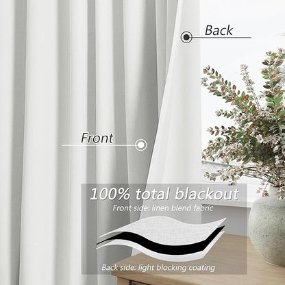 Guken Off White 100% Blackout Linen Curtains 72 Inch Length 2 Panels Set for Living Room Bedroom Back Tab Thermal Insulated Black Out Drapes Room Darkening Window Curtains 72 Inches Long