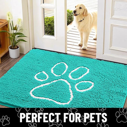 Smiry Dog Door Mat for Muddy Paws, Absorbent Dirt Trapper Non Slip Quick Dry Washable Chenille Mat for Mud Dogs, Entry Rug for Indoor and Outdoor (24x16 Inches, Turquoise and White)