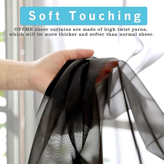 OVZME 2 Panels Sheer Black Curtains 72 Inches Length Window Treatment for Kitchen, Elegant Airy Transparent Curtain Draperies Rod Pocket for Kids Living Room, Each 42 Width 72 Length