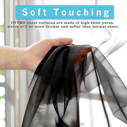 OVZME 2 Panels Sheer Black Curtains 72 Inches Length Window Treatment for Kitchen, Elegant Airy Transparent Curtain Draperies Rod Pocket for Kids Living Room, Each 42 Width 72 Length