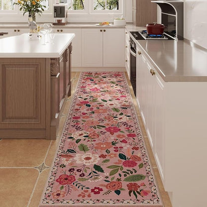 Rugcomf Washable Kitchen Runner 2'7"x12' - Floral Long Hallway Runner Rug Non Slip, Boho Carpet for Entryway, Hall, Bathroom - Pink