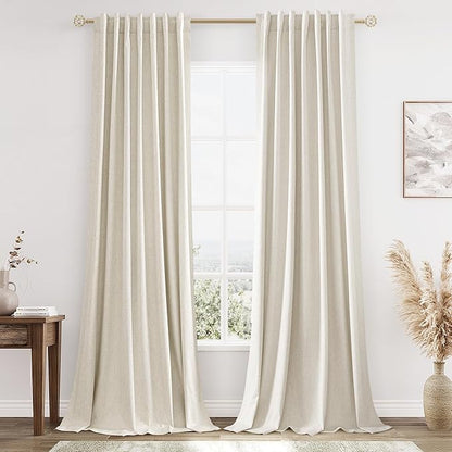 Guken 100% Blackout Linen Curtains 132 Inch Length 2 Panels Set for Living Room Bedroom Back Tab Thermal Insulated Black Out Drapes Room Darkening Farmhouse Style for Bedroom Window Curtains 52x132