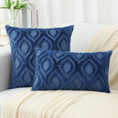 decorUhome Throw Pillow Covers 24x24 Inch Set of 2, Soft Plush Faux Wool Dark Blue Solid Couch Pillow Covers, Accent Euro Sham Farmhouse Neutral Square Pillow Cases for Sofa Bed Living Room