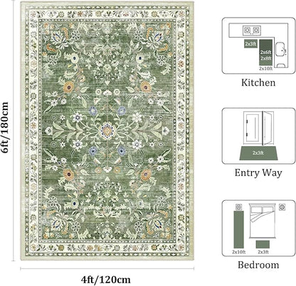 Yamaziot Washable Area Rug 4x6, Non-Slip Boho Floral Living Room Rug with Rubber Backing, Low Pile Distressed Carpet for Bedroom, Living Room, Dining Room, Green