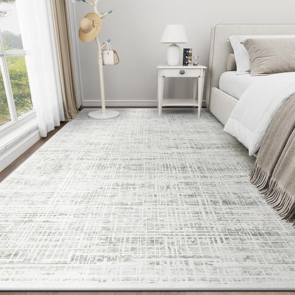 10x14 Area Rugs for Living Room Washable Rug: Anti-Skid Abstract Modern Living Room Rug Soft Thin Carpets Indoor Floor Non-Shedding Carpet for Bedroom Dining Farmhouse Nursery Home Office White Gray