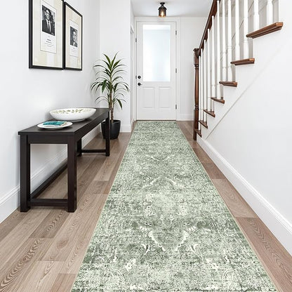2'6"x14' Washable Hallway Runner Rug - Non Slip Kitchen Runner Rugs with Rubber Backing Vintage Low-Pile Carpet Runners for Entryway Dining Room Laundry Room Home Decor (Muted Sage Green)