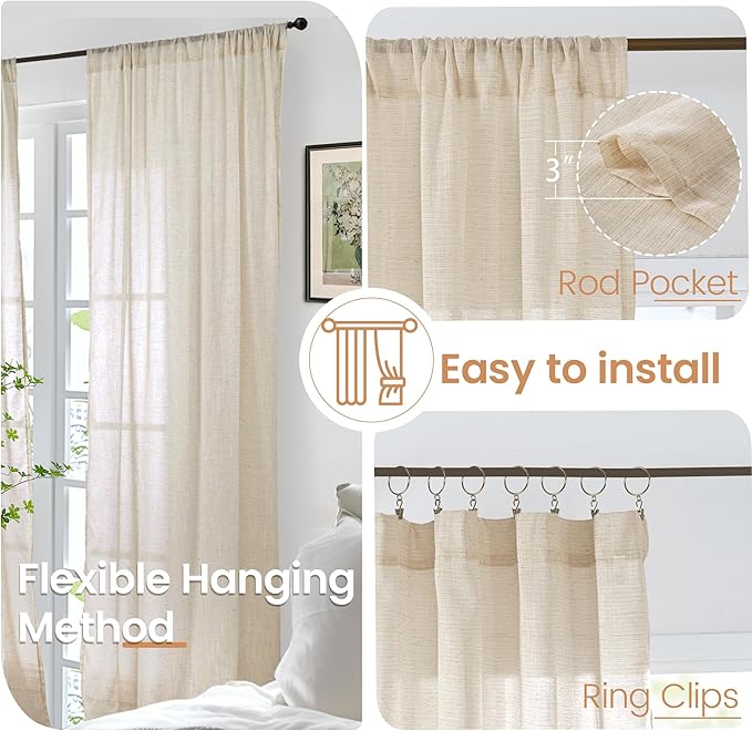 BGment Natural Linen Curtains 48 Inch Length for Windows, Short Semi Sheer Drapes Light Filtering for Cafe Bathroom Decor Rustic Lightweight Rod Pocket, 2 Panels Set, 42 Inch Wide Each Panel