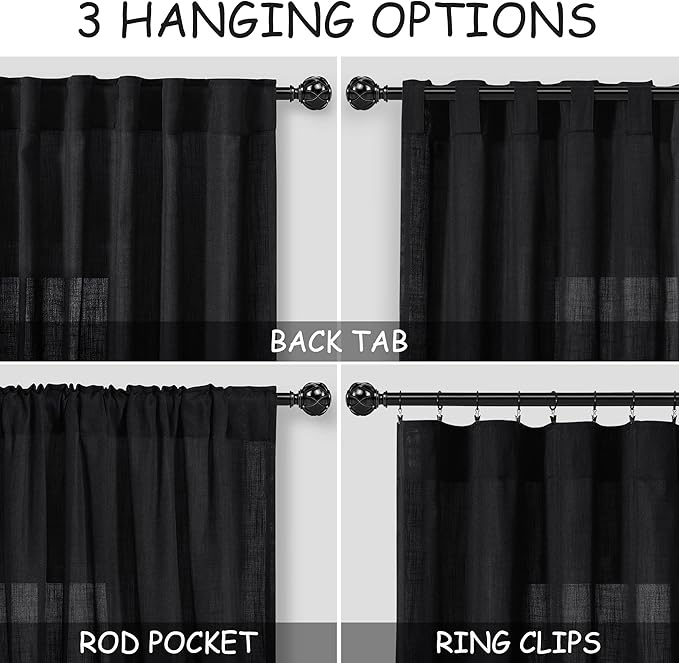 Black Semi Sheer Linen Curtains 72 inch Length for Living Room Back Tab Rod Pocket Modern Long Skinny Curtains Dividing Closet Decor Cotton Textured Gauze Curtain for Laundry Bedroom Office 38x72