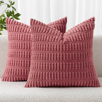 MIULEE Pack of 2 Corduroy Decorative Throw Pillow Covers 18x18 Inch Soft Boho Striped Pillow Covers Modern Farmhouse Home Decor for Sofa Living Room Couch Bed Cranberry Red