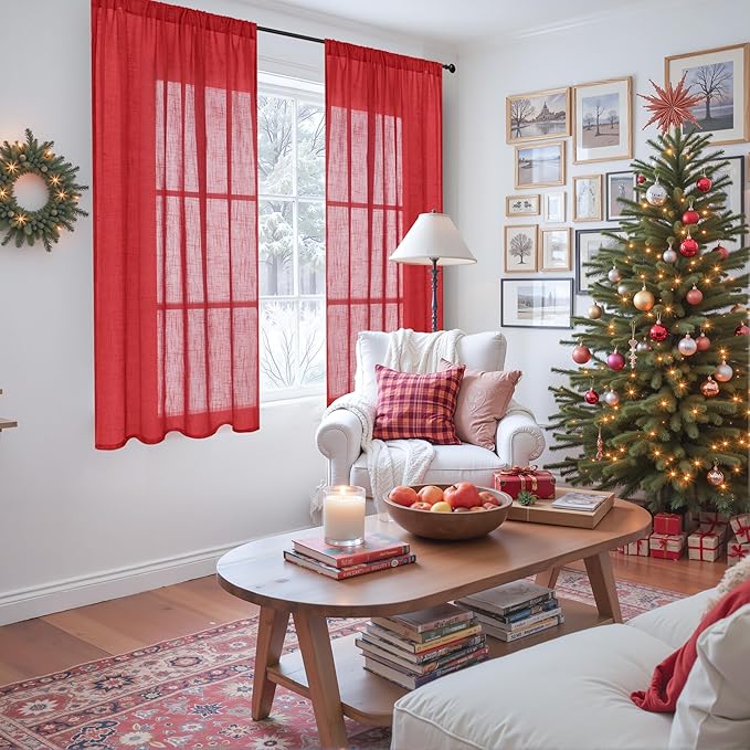 BGment Red Linen Curtains 45 Inch Length for Short Kitchen Window, Rod Pocket Semi Sheer Drapes for Office Cafe Bathroom Rustic Textured Lightweight, 2 Panels Set, Each 42 Inch Wide