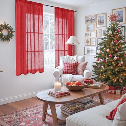 BGment Red Linen Curtains 45 Inch Length for Short Kitchen Window, Rod Pocket Semi Sheer Drapes for Office Cafe Bathroom Rustic Textured Lightweight, 2 Panels Set, Each 42 Inch Wide