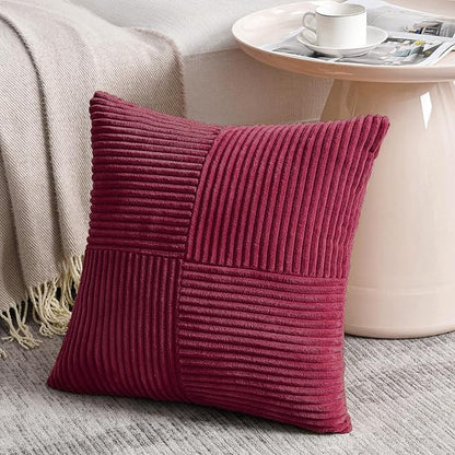 Fancy Homi 2 Packs Burgundy Red Decorative Throw Pillow Covers 18x18 Inch for Living Room Couch Sofa, Boho Christmas Home Decor, Soft Corss Corduroy Patchwork Textured Square Cushion Case 45x45 cm