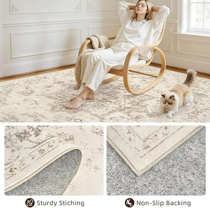 8x10 Area Rugs for Living Room: Vintage Boho Neutral Washable Rug Indoor Soft Large Area Rug Carpet for Bedroom Nursery Farmhouse Dining Room Office Floor Non-Slip Low Pile Under Table Rug Beige/Ivory