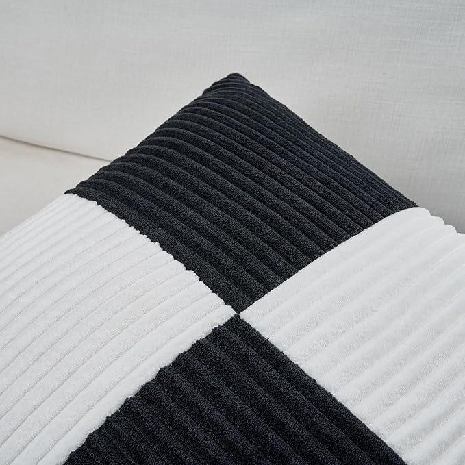 Fancy Homi Set of 2 Black White Big Decorative Throw Pillow Covers 24x24 Inch for Couch Bed Sofa, Modern Farmhouse Boho Home Decor, Soft Cross Corduroy Patchwork Accent Square Cushion Case 60x60 cm