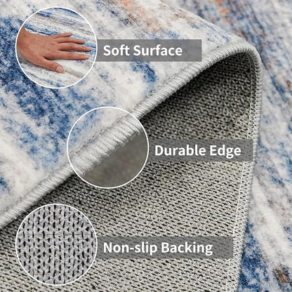 2x10 Washable Runner Rugs for Hallway: Easy-to-Clean Abstract Runners for Entryway Kitchen Dining Room- Stain and Water Resistant Rugs with Non-Slip Backing - Soft Low-Pile Carpet Navy Grey
