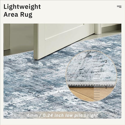 9x12 Area Rugs for Living Room, Abstract Non Slip Machine Washable Vintage Rugs, Low Pile Lightweight Large Rug for Bedroom, Dining Room, Home Office Blue