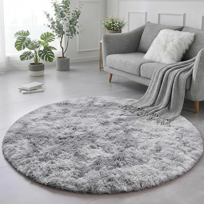 Amdrebio Tie-Dyed Light Grey Round Area Rugs for Living Room, 6x6 Ft, Soft Large Circle Rugs for Bedroom, Big Shag Fluffy Fuzzy Carpet for Kids Room, Modern Floor Circular Rug, Furry Farmhouse Rug