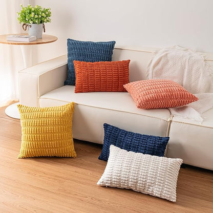 Pack of 2 Corduroy Decorative Throw Pillow Covers 20x20 InchSoft Boho Striped Pillow Covers Modern Farmhouse Home Decor for Sofa Living Room Couch Bed（Light Grey）