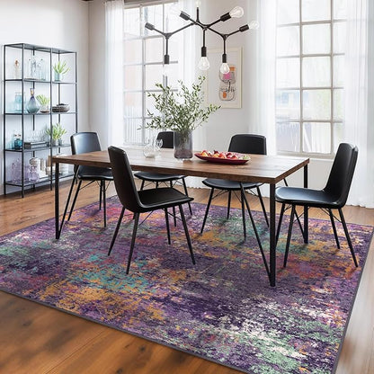 Washable Area Rugs 9'x12' Non-Slip Modern Abstract Soft for Living Room Entryway Bedroom Nursery, Print Pattern, Purple Orange Blue Green Rust Red Colorful