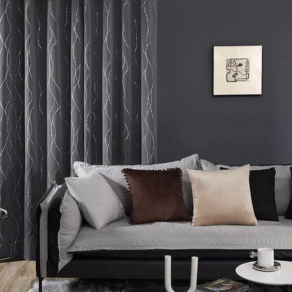 Deconovo Grey Blackout Curtains for Bedroom, Thermal Insulated Soundproof Drapes, Wave Dots Foil Print, 38 x 84 Inches Long, 2 Panels, Machine‑Washable Privacy Window Panel for Living Room Patio Door