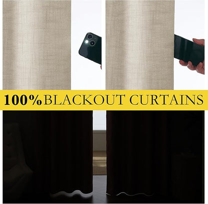 NICETOWN Taupe 100% Blackout Linen Curtains 90 inch Long Burg, Farmhouse Thick Completely Blackout Window Treatment Panels Thermal Insulated Drapes for Living Room (1 Pair, 52" Width Each Panel)